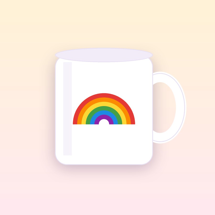 Mockup of a white mug with a bright rainbow printed on the side.