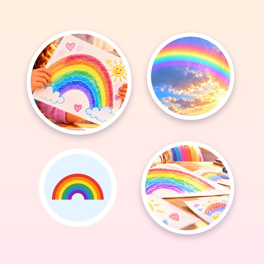 Mockup of four round stickers showing rainbow drawings and a sunset rainbow.